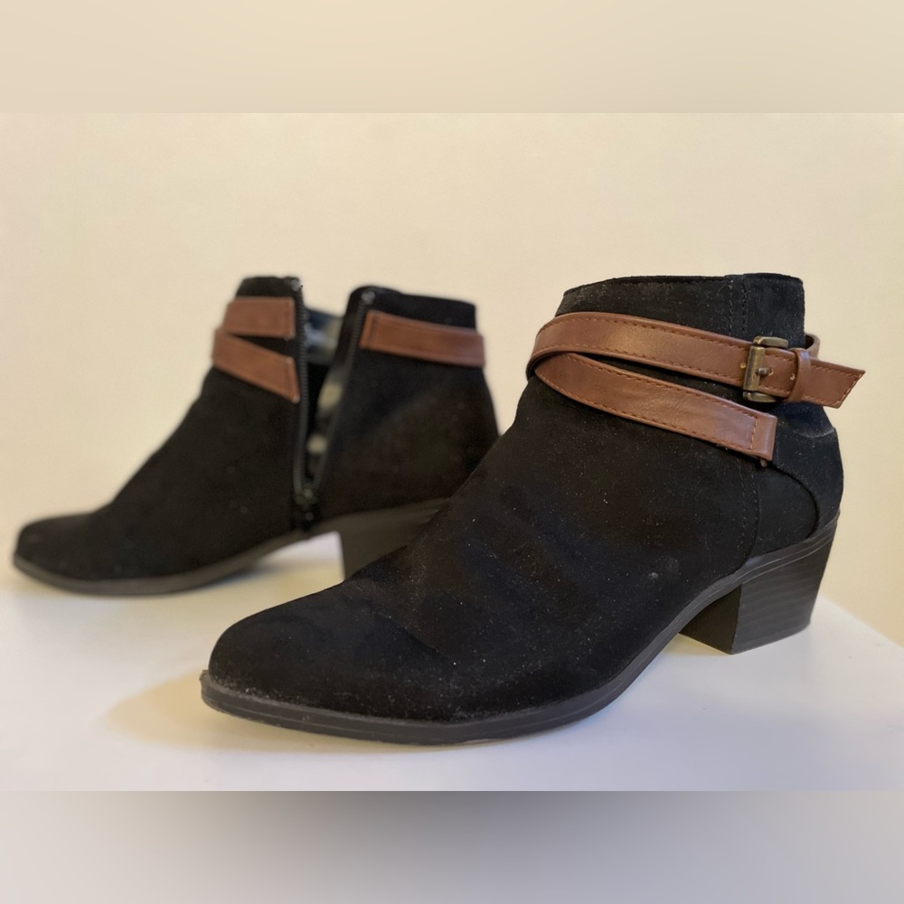 JustFab Faux Suede Black and Brown Strap Low Heel Booties